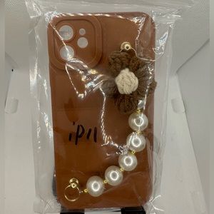 iPhone 11 Brown Case with Flower Pearl Chain